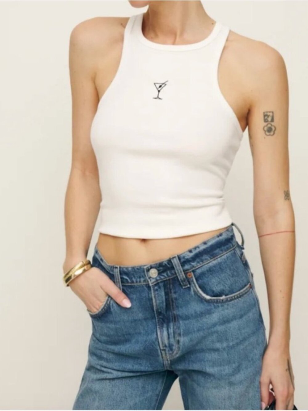 Reformation Nova Embroidered Martini Glass White Ribbed Tank - Size M